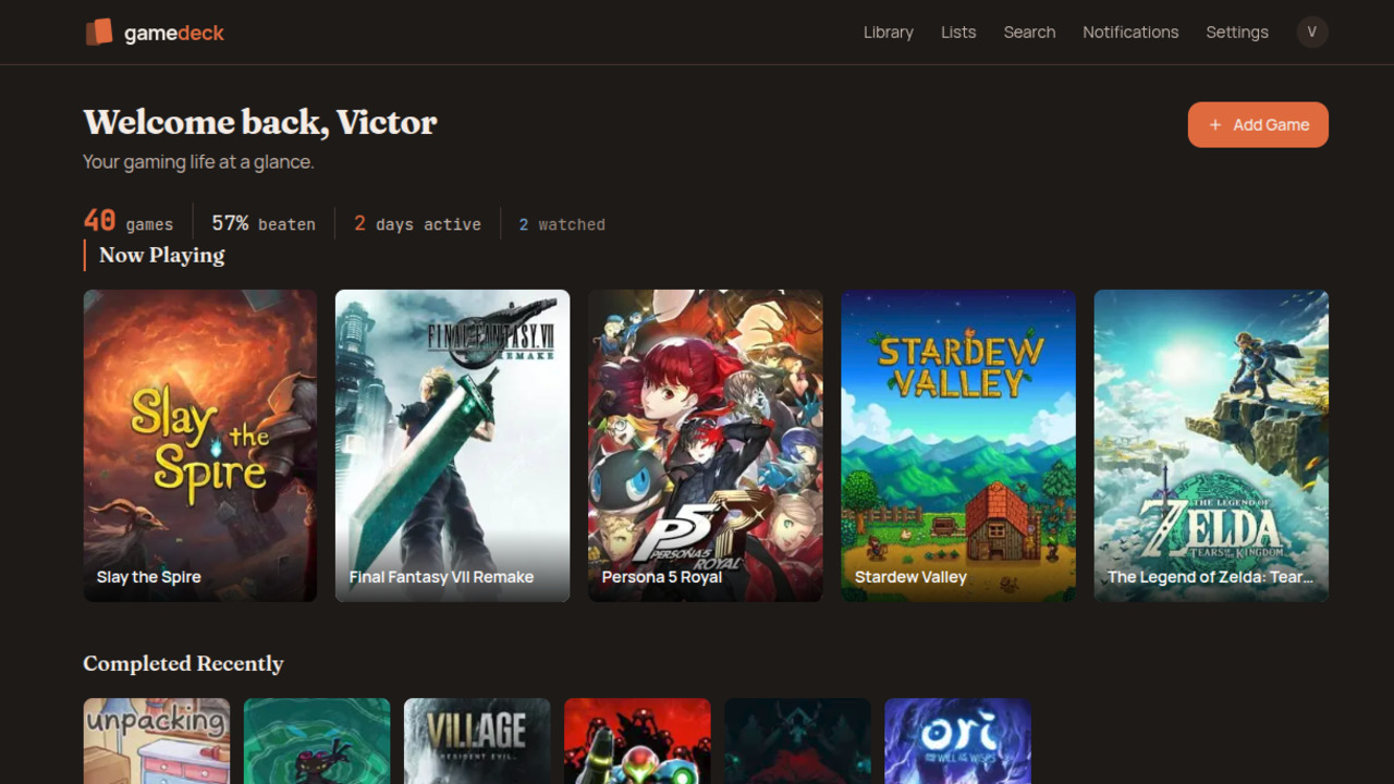GameDeck library dashboard with your statuses, recent activity, and discovery tools